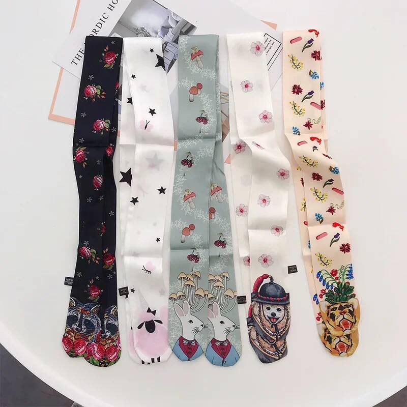 New Autumn winter Animal Print Women Silk Riband Handle Bags Scarf Small Ribbon Hair Band Headband Scarves & Wraps Woman scarf ddmynov