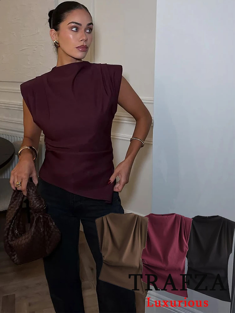 TRAFZA Vintage Chic Women Solid Asymmetric O-Neck Zipper Sleeveless Cross Folds Top Fashion 2025 Streetwear Padded Shoulder Top250823