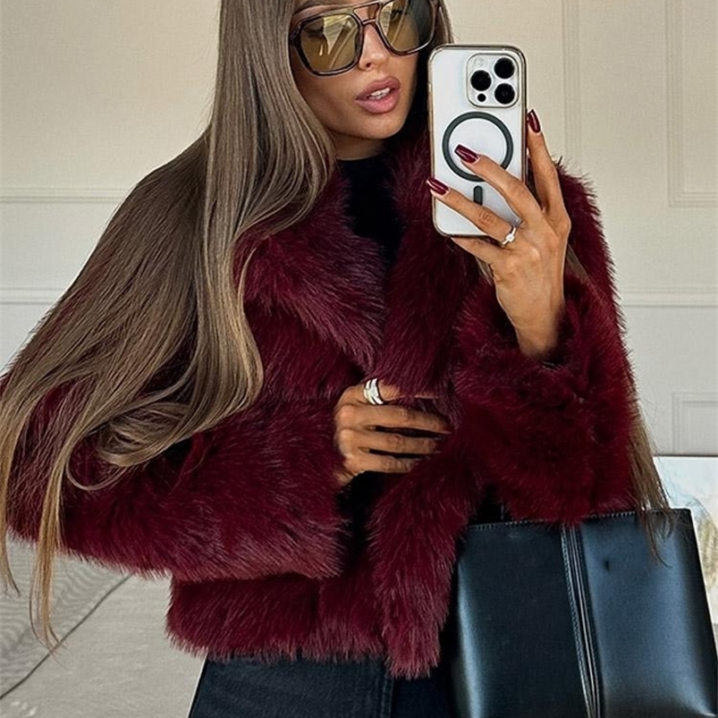 Burgundy Faux Fur Coat Vintage Long Sleeve Furry Warm Jackets Fashion Casual Women Coats 2024 Autumn High Street Lady Outerwear250822