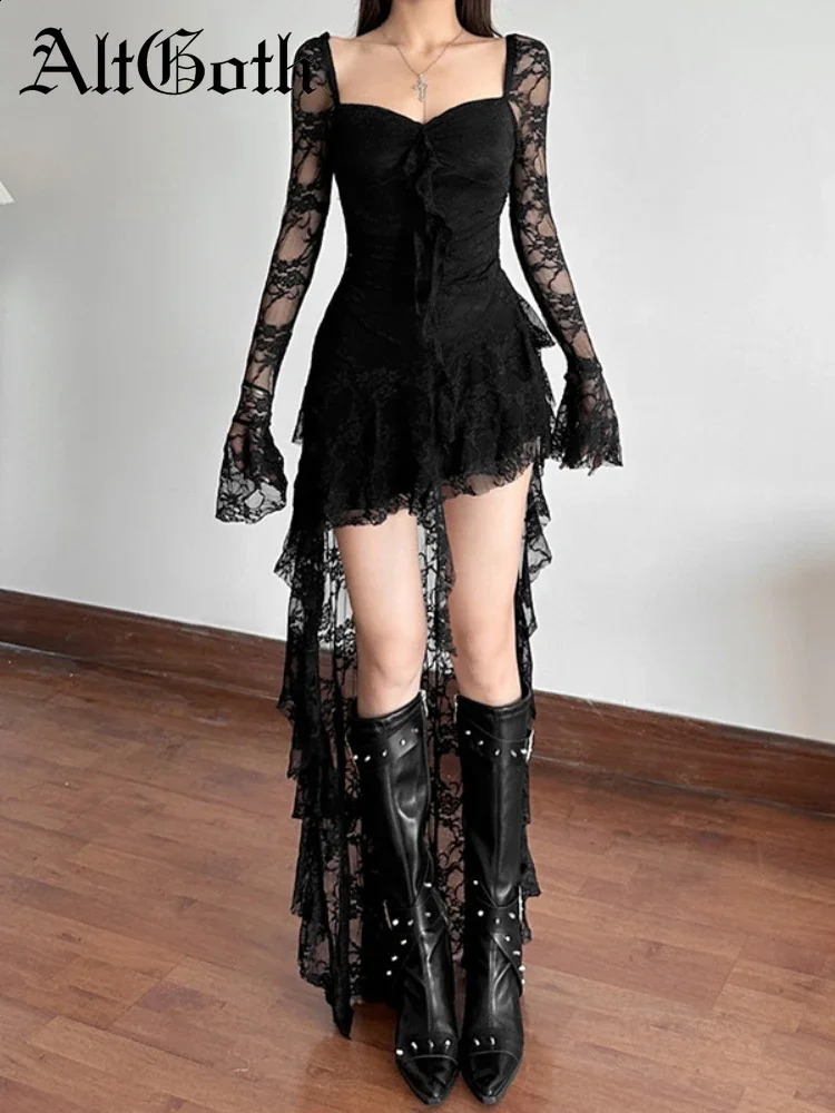 AltGoth Mall Goth Fairycore Dress Women Vintage Aesthetic Elegant Sweet Sexy See Through Irregular Hem High Waist Corset Dress250823