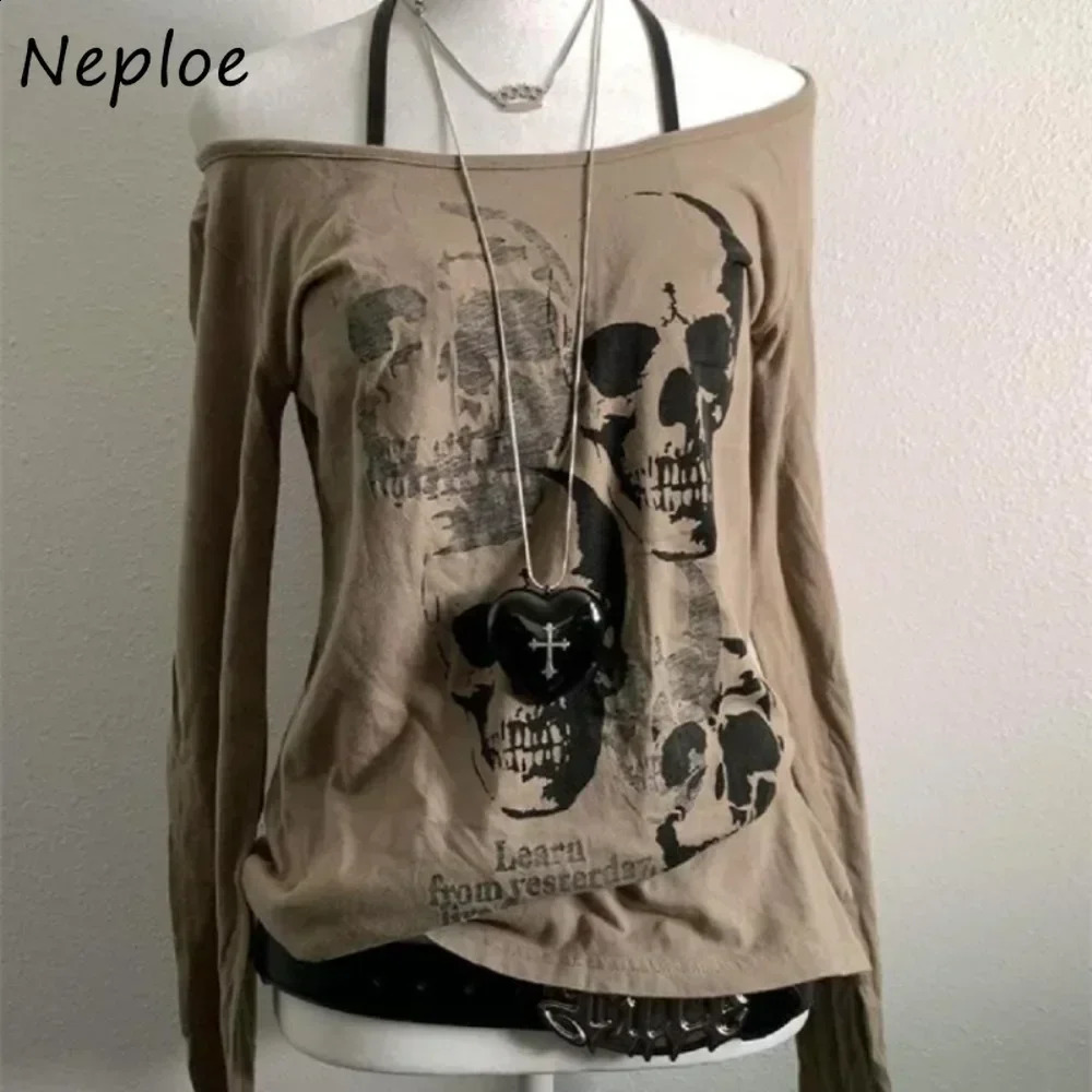 Neploe Literary Vintage Slim Y2K American Fairycore Ropa Mujer Spice Girls Skeleton Print Shirt Slash Goth Loose Harajuku Tops250823