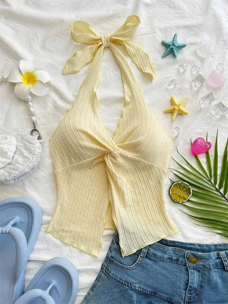Top de cou licou à col jaune en V pour les femmes Summer Y2k Vêtements Sexe Sexe sans manches Streetwear250823 sans manches