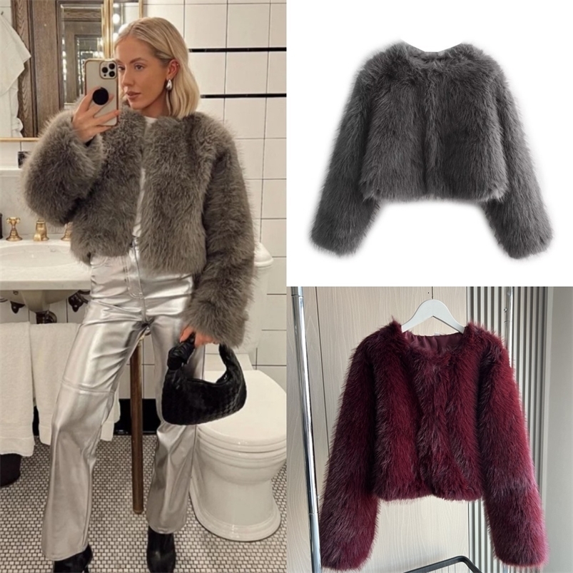 Faux fur jacket Traf 2024 Fall/Winter Fashion Womens Faux Fur Effect Round Neck Long Sleeve Short Jacket250822