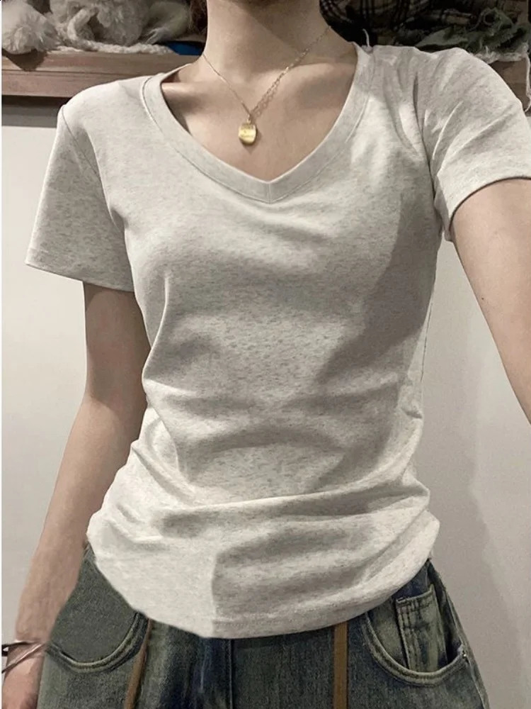 Fashion Women T-shirt Summer Short SLeeve Cotton V-neck Casual Tops Elegant Solid Color Clothing250823