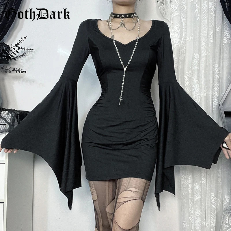 goth dark Cospaly Partywear Women Fashion Batwing Sleeve Mini Dress Elegant Slim Pleat Bodycon Dresses Mall Gothic Alt Teachwear250823