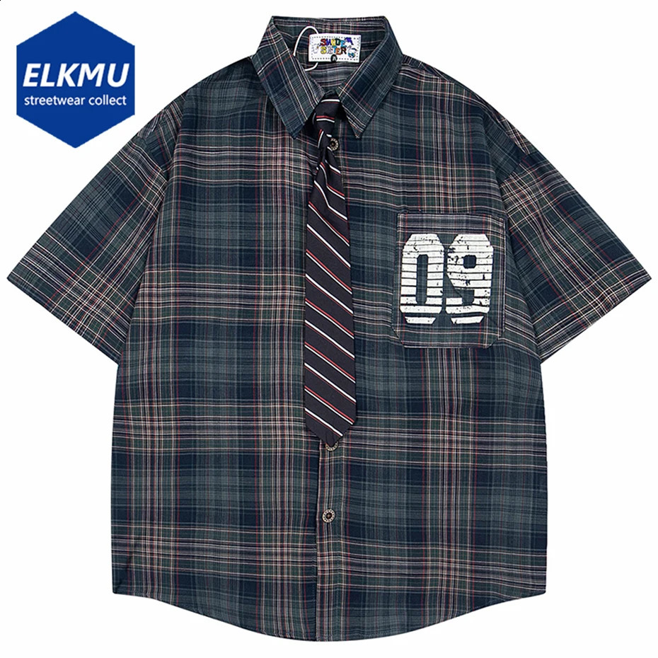 Vintage Shirts with Necktie Unisex Varsity Shirts Vintage Plaid Short Sleeve Button Up Blouse Japan Style Oversized Shirts 250823