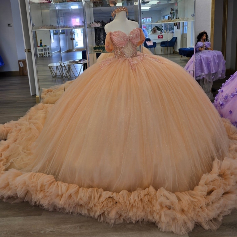 Orange Shiny Princess Off the Shoulder Sweet 16 Dress Quinceanera Dresses Applique Beads Tiered Tull Party Birthday Vestidos 15 De Anos