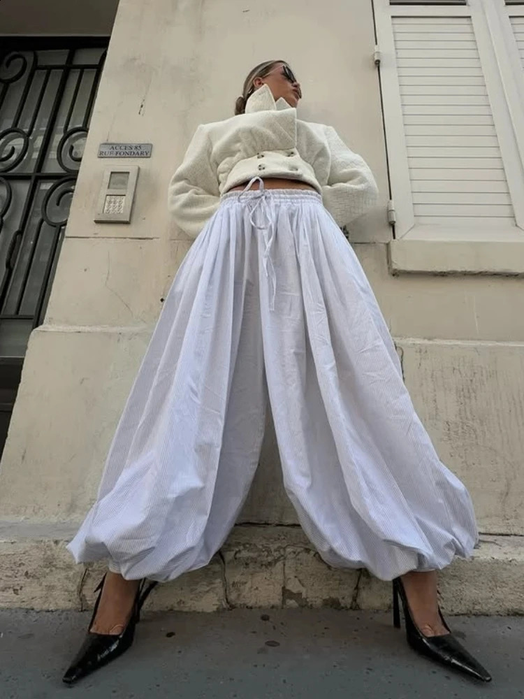 Casual Loose Striped Jogger Pant Women Versatile Chic High Waist Pleated Lace Up Long Pants Female Summer Street Trousers 250823