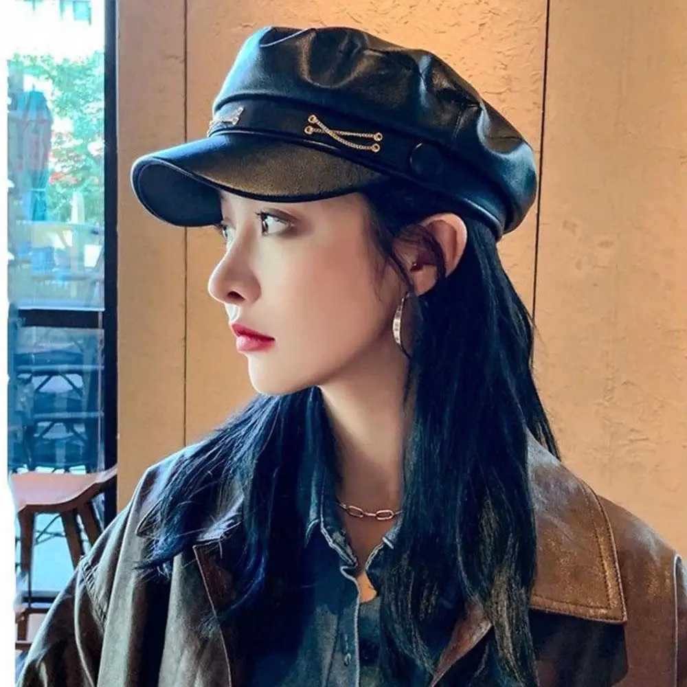Buckle PU Leather Beret Hat Adjustable Painter Hat Flat Top Visor Outdoor Sunscreen Hat Casual Elegant Classic Octagonal C XJ250823