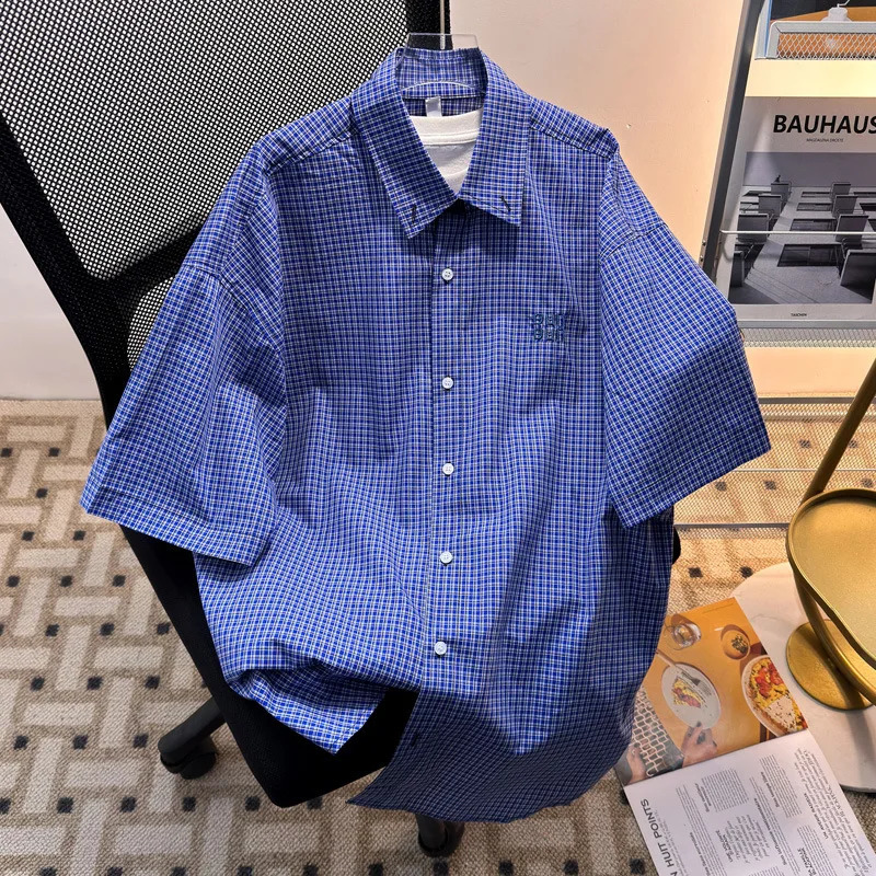 American retro embroidered blue checkered short-sleeve shirt for men and women summer casual loose high-end top for men 250823