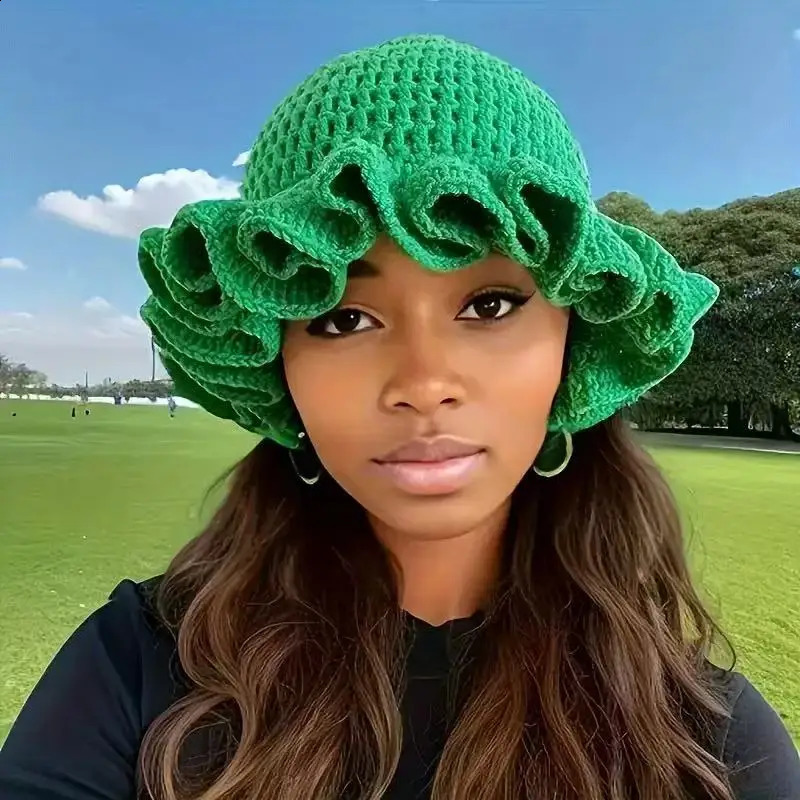 Colorful Crochet Ruffle Bucket Hat Warm Stretch Knit Hat Year Celebration Womens Fashion Handmade Beanie Hat Tool Tentacle 250818
