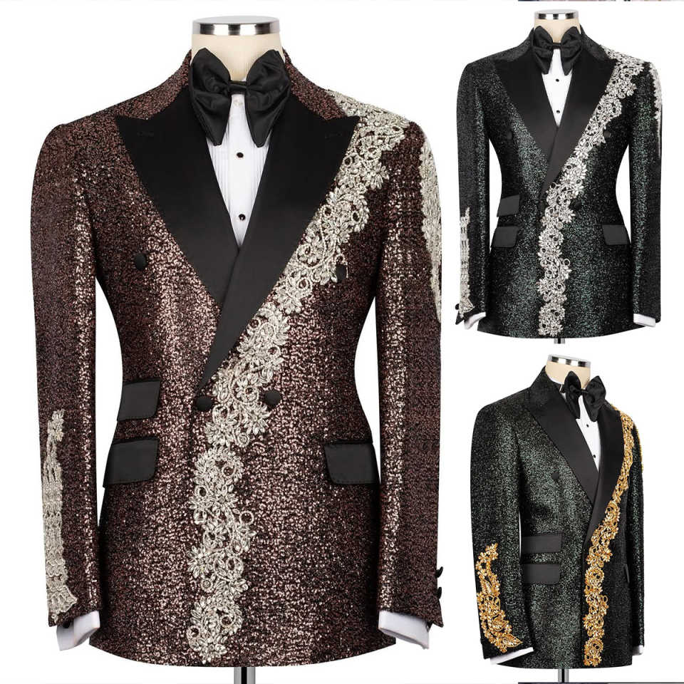 Designer Sequins Wedding Tuxedos Peaked Lapel 2 Pcs Crystal Men Suits Handsome Double Breasted Evening Prom Blazers Customized