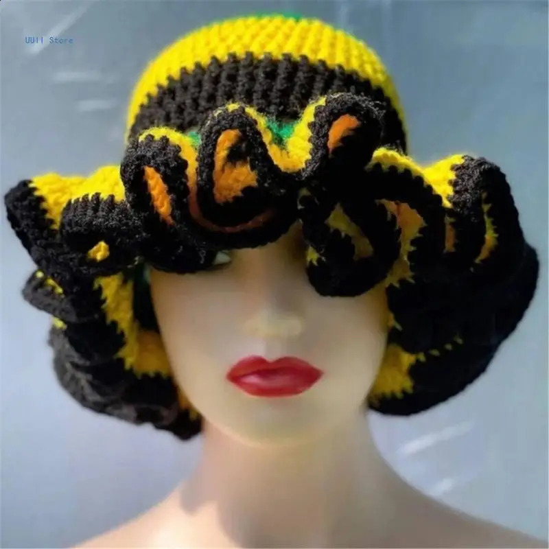 Handcrochet Bucket Hat for Women with Patchwork Ruffle Trim Elegant Fisherman Hat Pography Travel Floppy Bucket Hat 250818