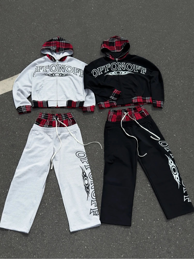 Fall/Winter Collection Streetwear Gothic Hip-Hop Retro Zipper Hoodie with Letter Print Top and Two-Piece Bottom Y2K 250823