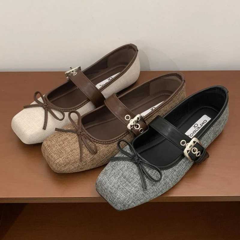 4ft Cotton Soft Sole Ballet Flats for Women Bowknot Square Toe Belt Buckle Design Mary Jane Shoes Elegant Shallow Party Shoe Y250823
