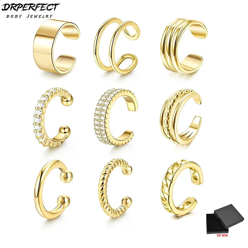 Drperfect 9pcs Boucles d'oreilles d'oreille pour femmes Clip d'oreille non perçante sur le cartilage Gold Fsked Boucles d'oreilles légères avec b