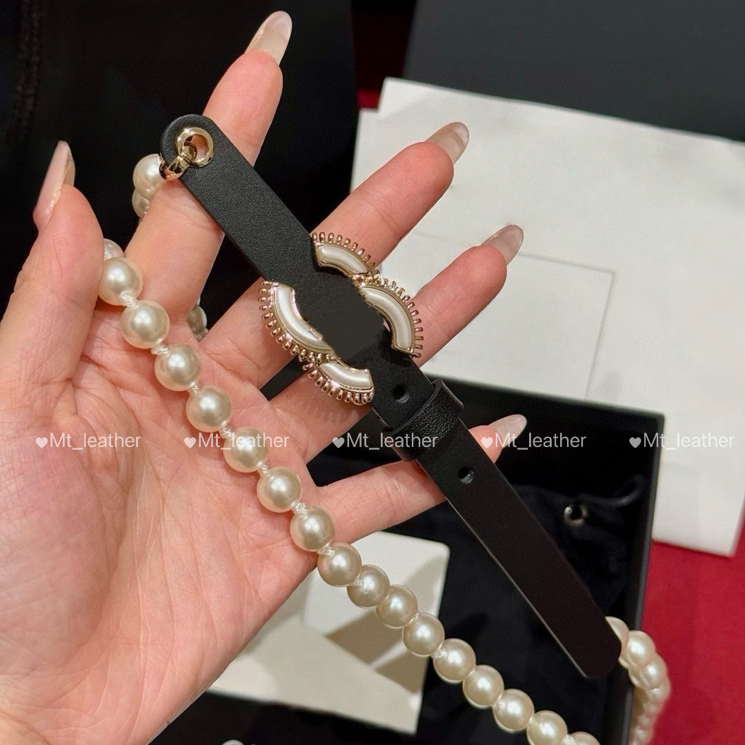 Women Pearl Waist Belt Women Designer Waist Chain Metal letter buckle Width 1.5cm Pair with skirts and evening gowns for daily wear and parties blac