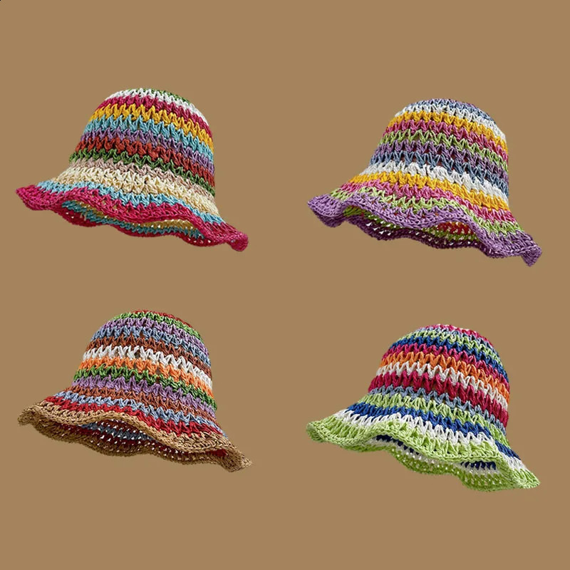 Summer Rainbow Striped Bucket Hat Woman Crochet Beach Fisherman Hat Foldable Handmade Weave Sun Hat Female Panama Wholesale 250818