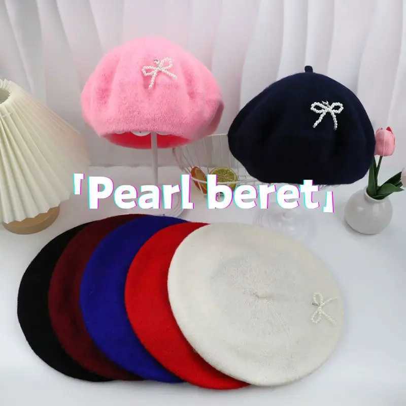 Vintage Winter Warm Wool Plain Pearl Beret for Womens Girls Artist Ins Korean Casual Solid Black Red Beanie Hat CS 2024 XJ250823