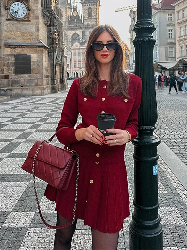 Elegant Knit Pleated Skirt Suit Women O-neck Long Sleeve Single-breasted Cardigan Mini Skirts Set Fashion Lady Solid Outfit 250819
