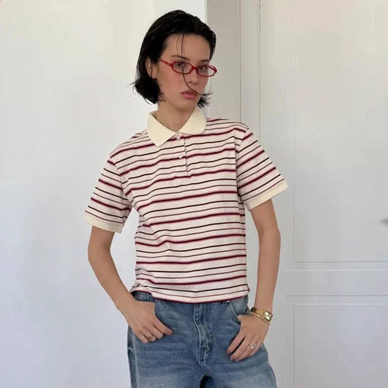 Tornova Retro Striped Short Sleeve T-shirt Womens Contrast Polo Neck Loose Casual Top Pullover Summer Fashion Lady T shirt250823