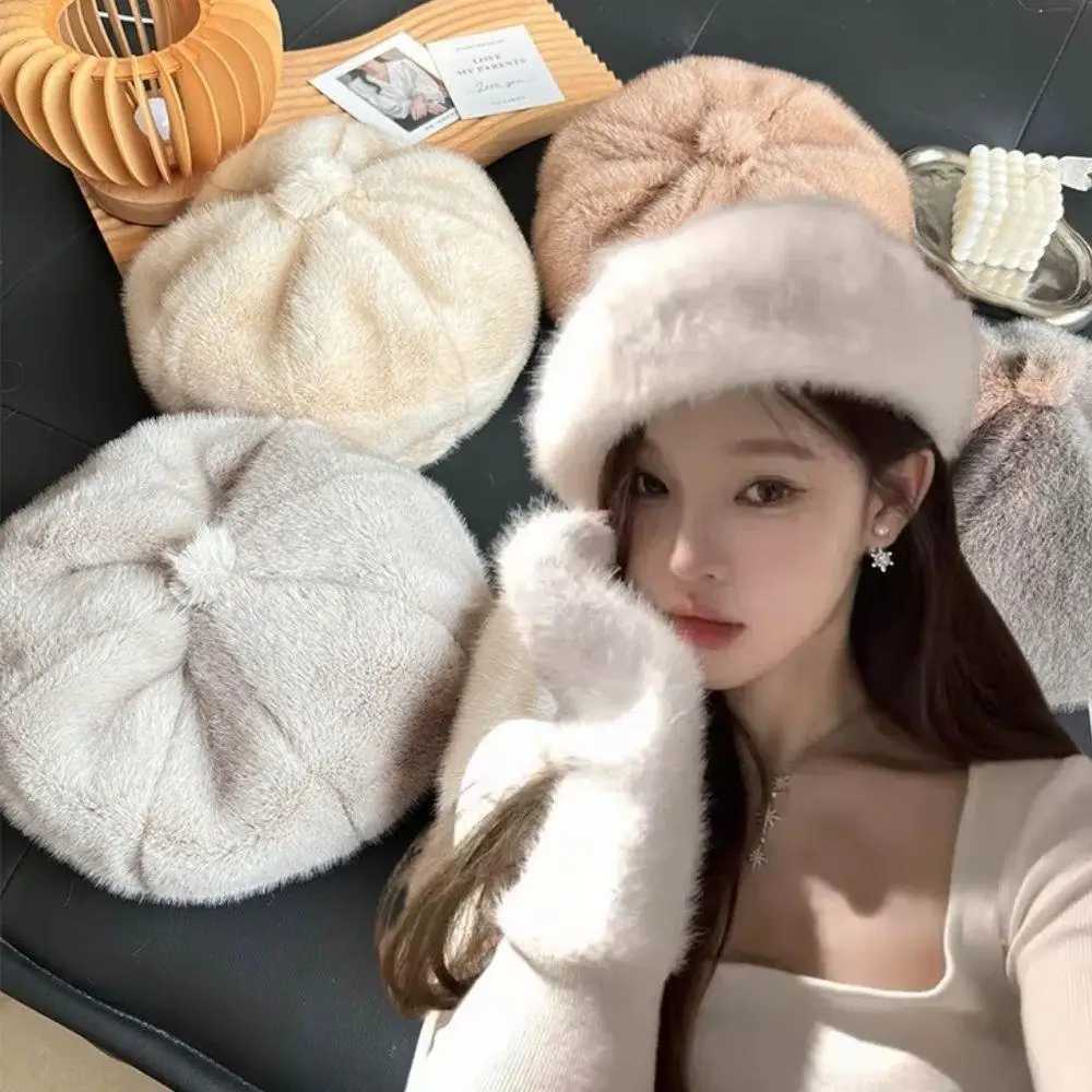 Elegant Womens Winter Cs Faux Mink Fur Berets British Artist Painter C Fashion Mink Plush Hats Woolen Pumpkin Beanies C XJ250823