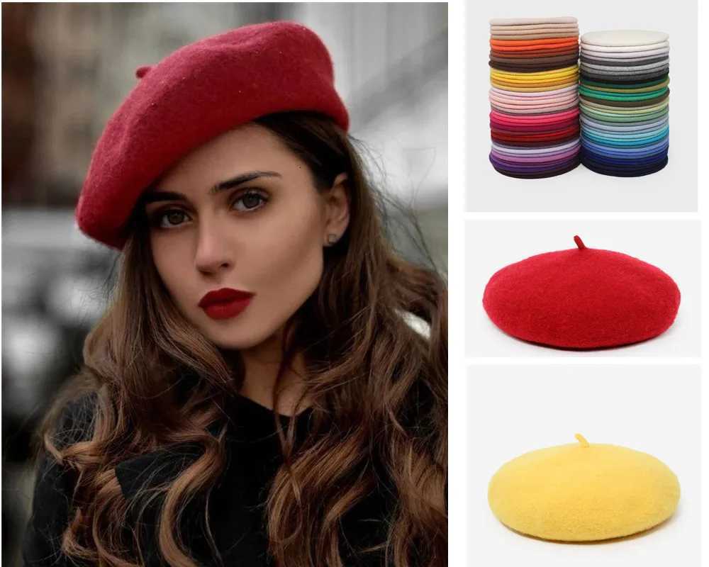 Red wool beret French artist style warm winter beanie retro solid color beret for women Korean wool beret XJ250823