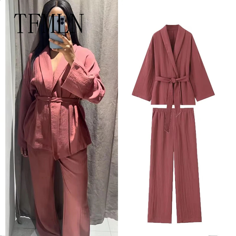 TFMLN Women Fashion Pajama Style Pants Sets Long Sleeve Blouse With Sashes Shirts Top Womens Two Piece Set 250823