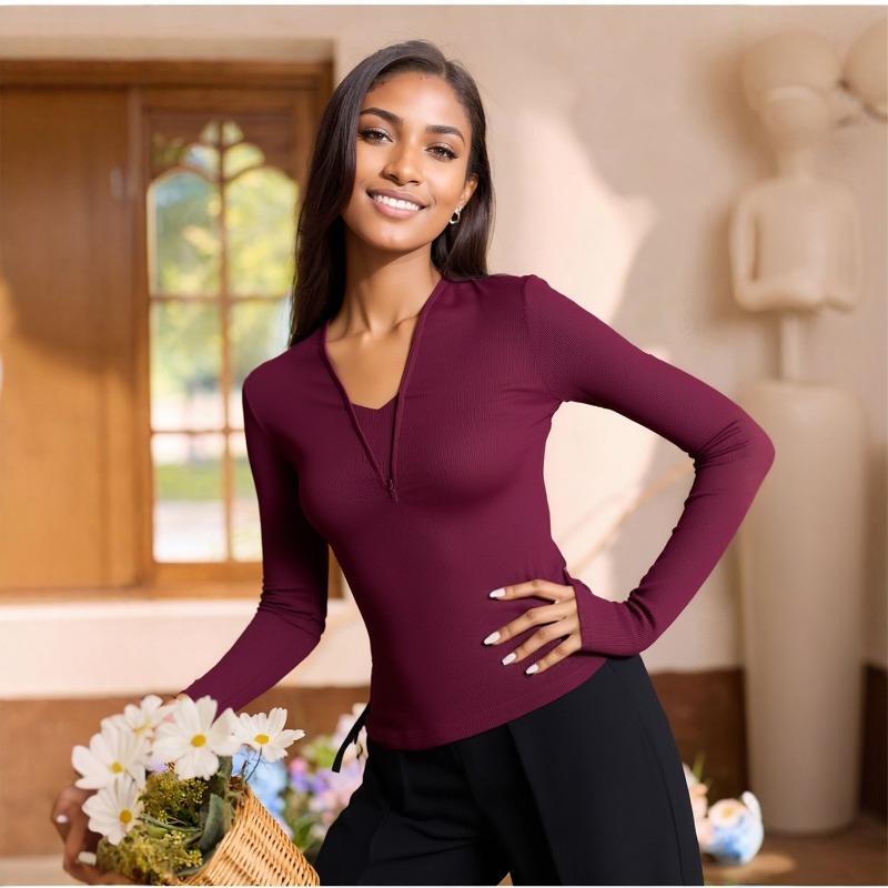 Designer T-shirt Womens Rib Knitted Sweater Deep V-neck Long Sleeved Sportswear Spicy Girl Style Slim Fit Temperament Base Shirt 1/4 Invisible Zippe