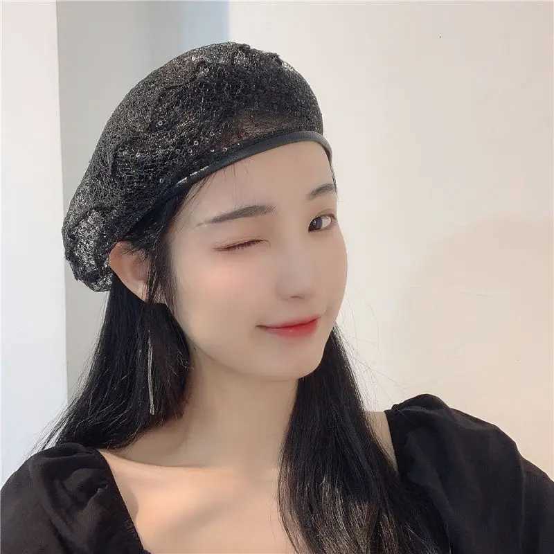 Lace Mesh Sequined Beret Hat Summer Thin Flat Top Breathable for Women Artistic Style Daily Use Japanese FashionXJ250823