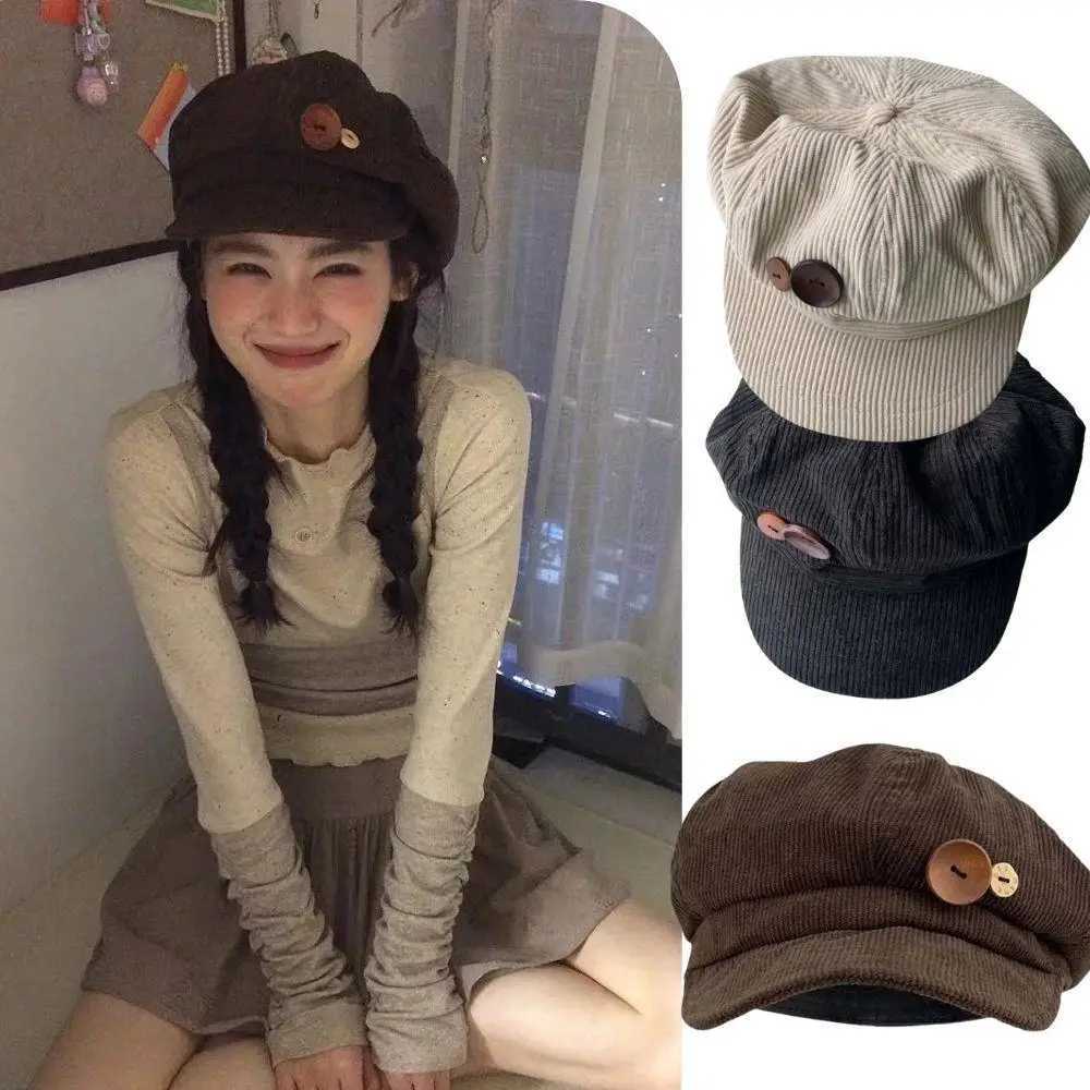 Retro Double Button Decoration Beret Windproof Autumn Winter Corduroy Baseball Cap Vintage Newsboy Cap Brown Stripe Peaked C XJ250823