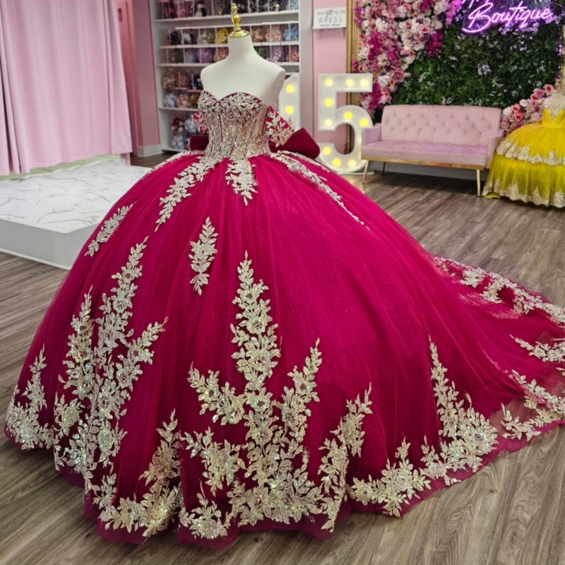 Red Shiny Princess Off the Shoulder Sweet 16 Dress Quinceanera Dresses Applique Lace Beada Bow Tull Party Birthday Vestidos 15 De Anos