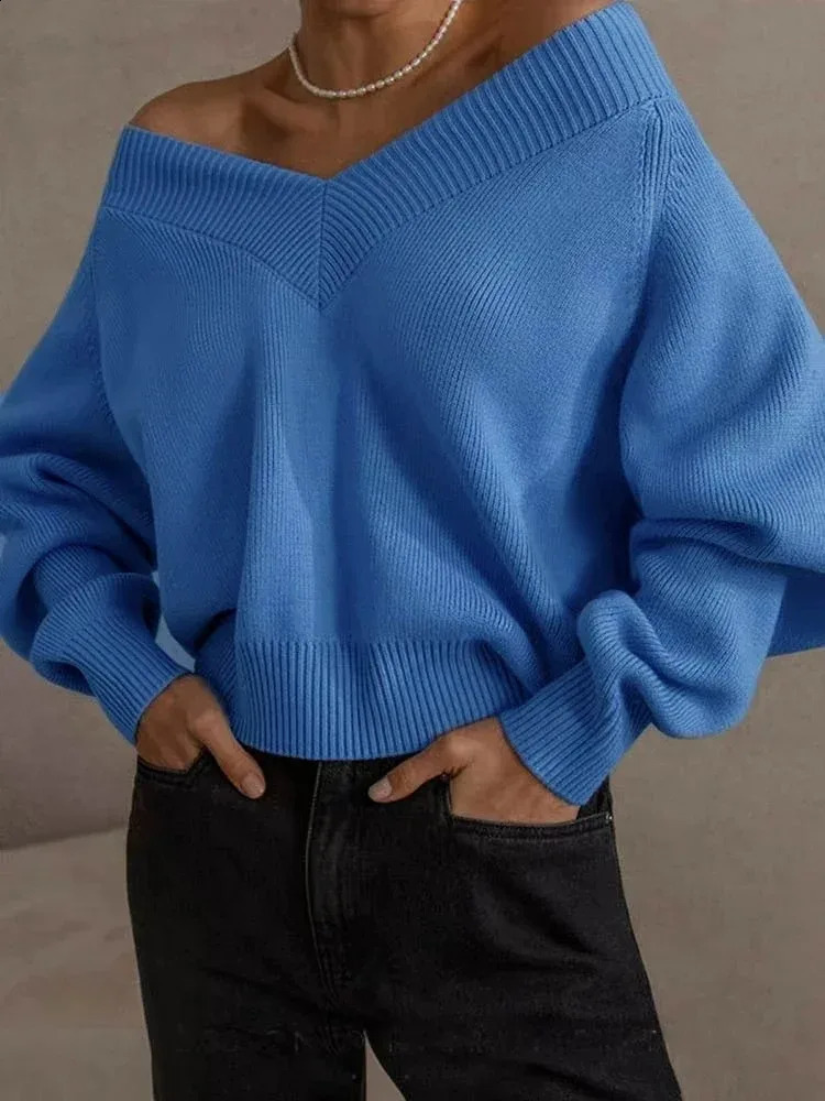 Autumn Women Oversize Sweaters Vintage Solid Knitted Pullovers Female Korean Fashion Casual V-neck Long Sleeve Tops Jumper Mujer 250823