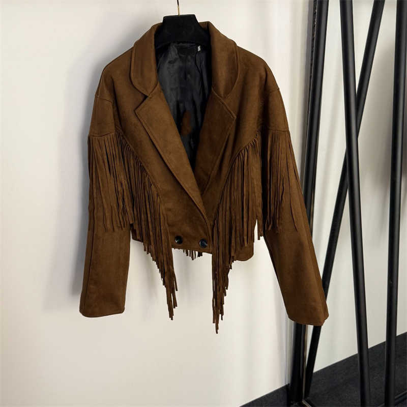 fashion coffee brown designer jacket women Suede fabric tassel patchwork coat Long sleeves blazer collar Jackets S-L