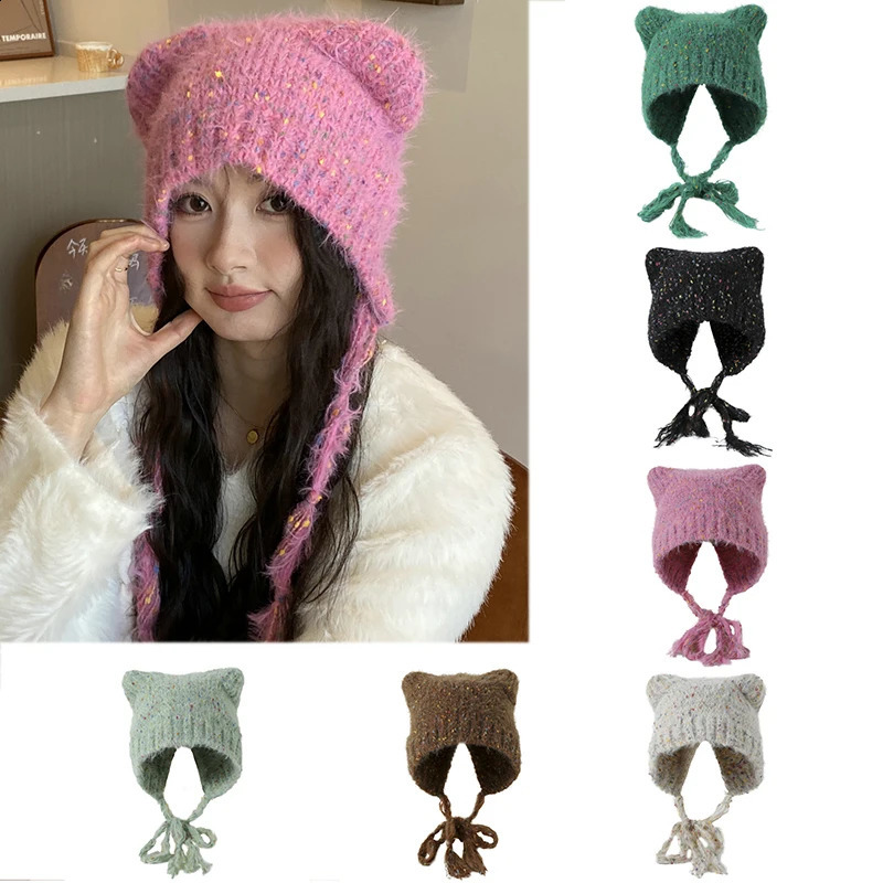 Cute Beanie Autumn Winter Women Warm Japanese Knit Hat Pile Caps Ear Protection Tie Pullover Hat Gorro Bonnet 250814