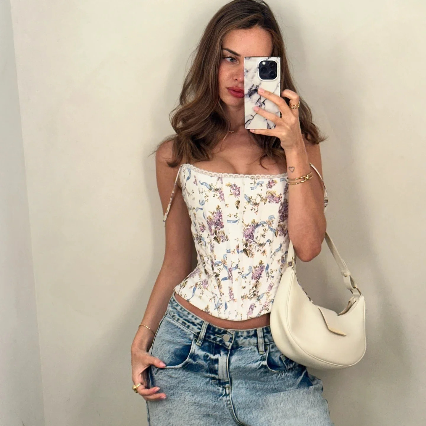 Oligai Summer Cropped Top Femmes 2025 Arrivées Floral Imprimé Floral Sexy Corset Top Short Lace Up Camis Womens Clothing250823