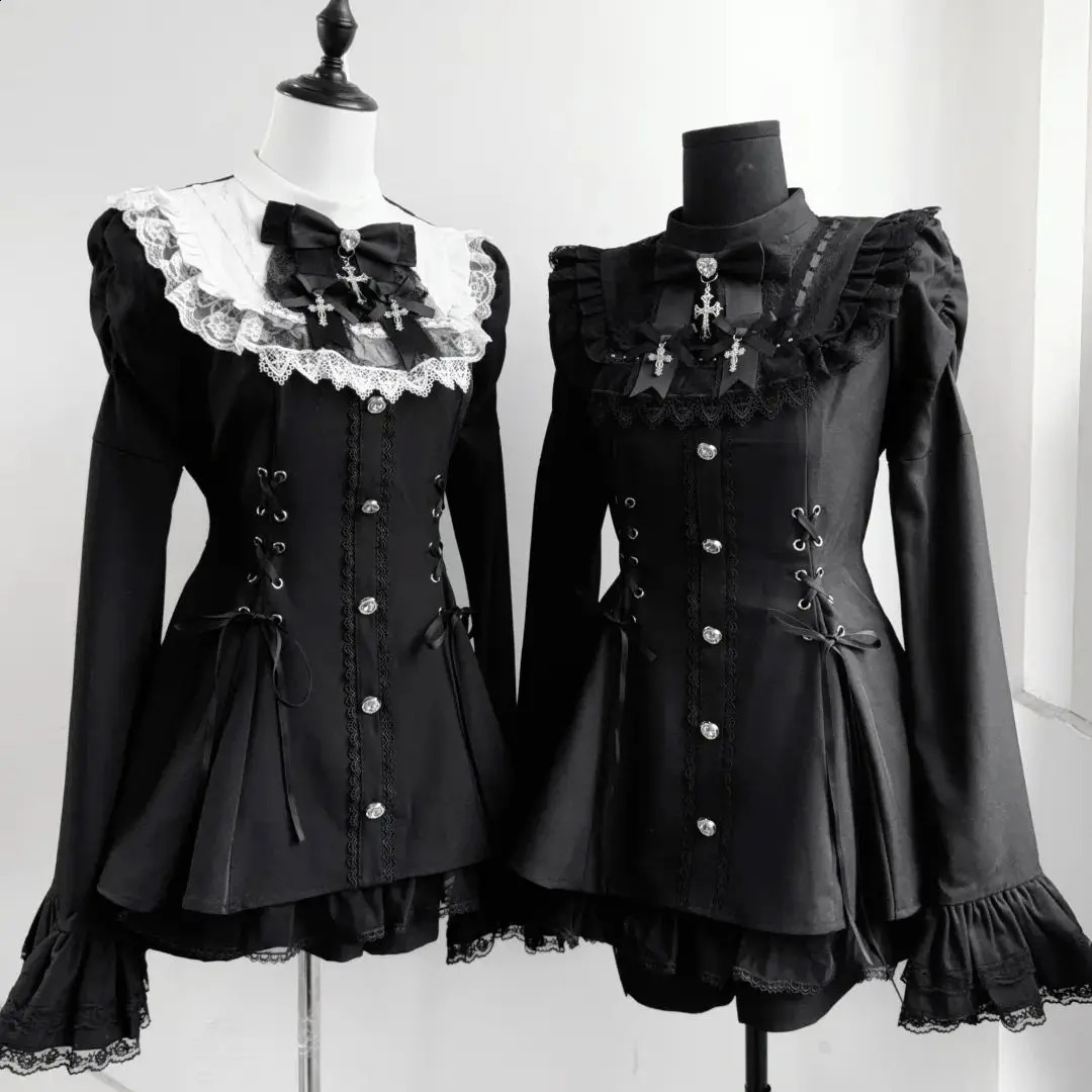 Y2K esthétique Lolita Style Bow Robe Shorts Set Femmes japonaises Gothic Lace Flare Sleeve Button Shirt Robe Punk Party Mini Dress250823