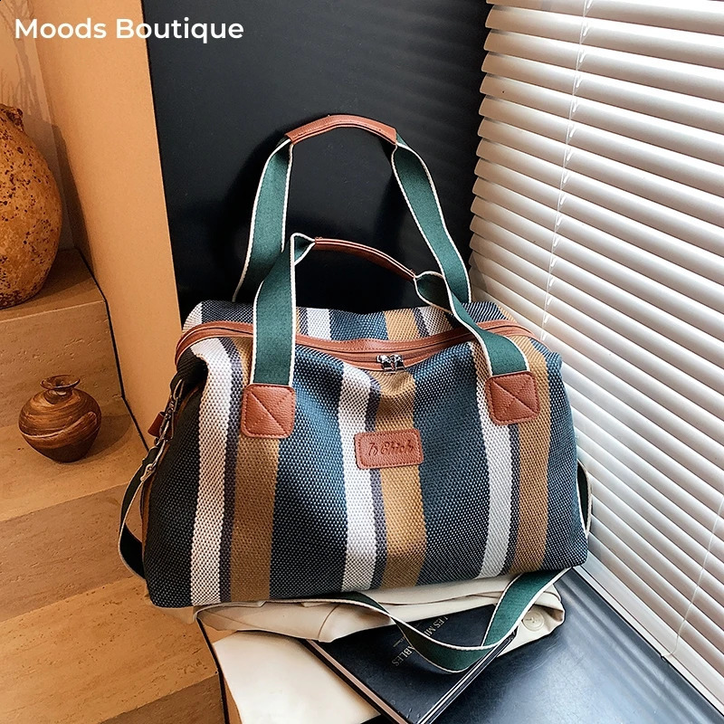 Quality Big Striped Boston Bags For Women Canvas Fabric Large Capacity Shopper Shoulder Crossbody Tote Bag Handbag 250818