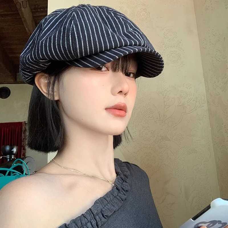 Ladies Summer Breathable Thin Striped Cotton-Linen Beret XJ250823
