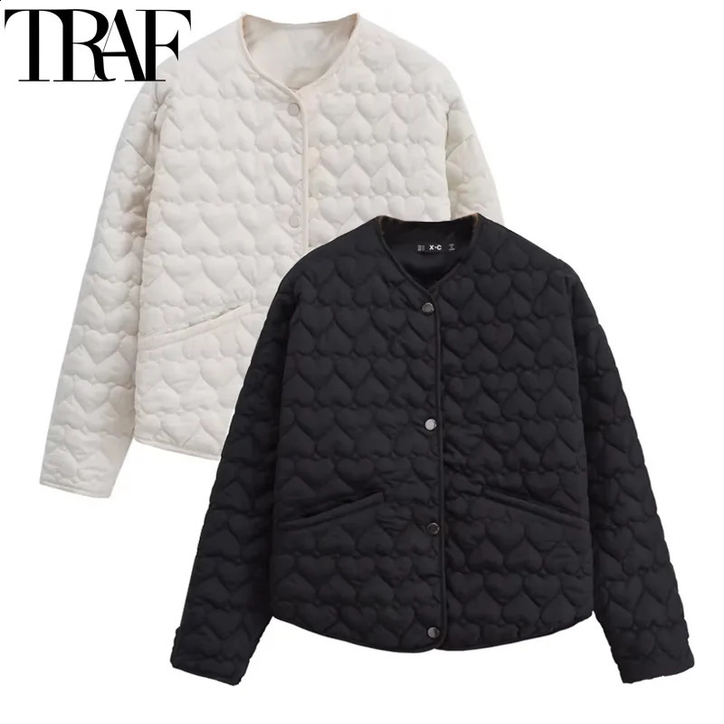 TRAF Winter Coats Woman Parkas Heart Quilted Jacket Women Autumn Long Sleeve Black White Padded Jacket Warm Lightweight Coat250822