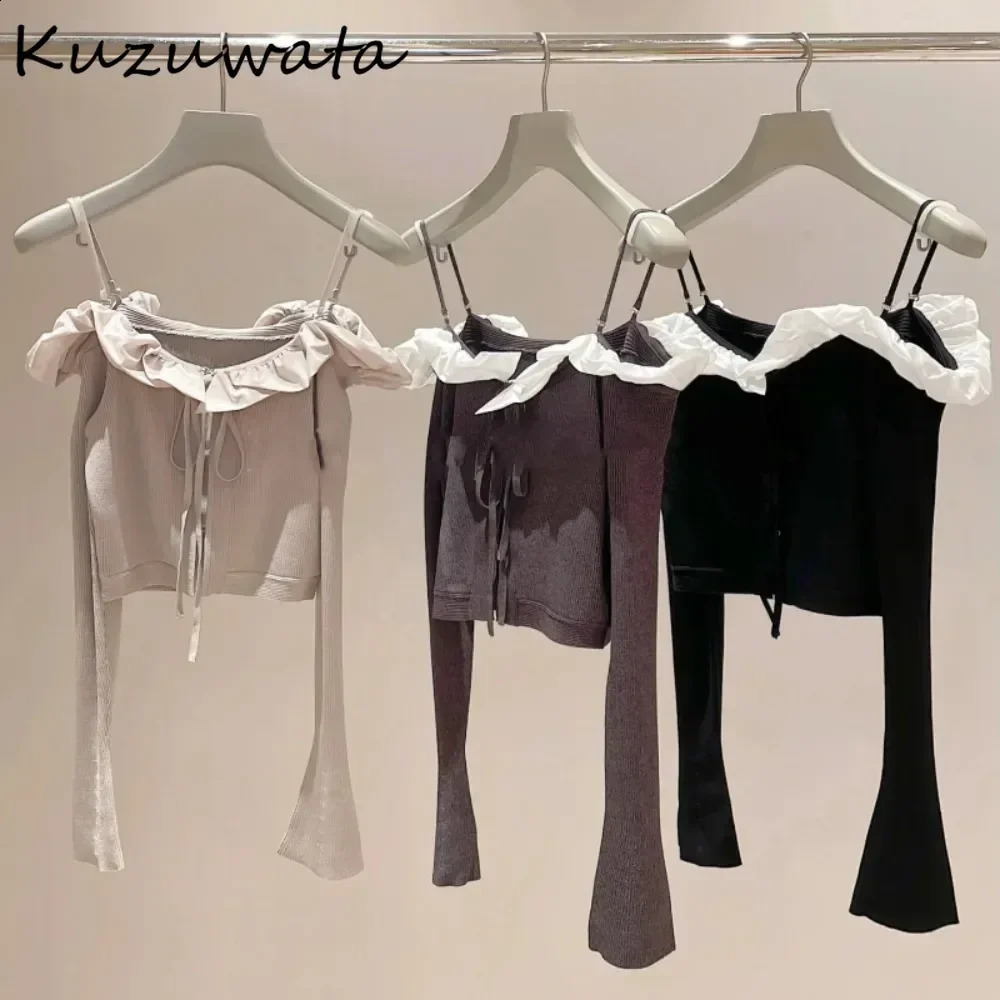 Kuzuwata Casual Slim Slash Neck Flare Sleeve Jumper Ruffles Off Shoulder Lace Up All-match Cardigan Japan Knit Straps Tops 250823