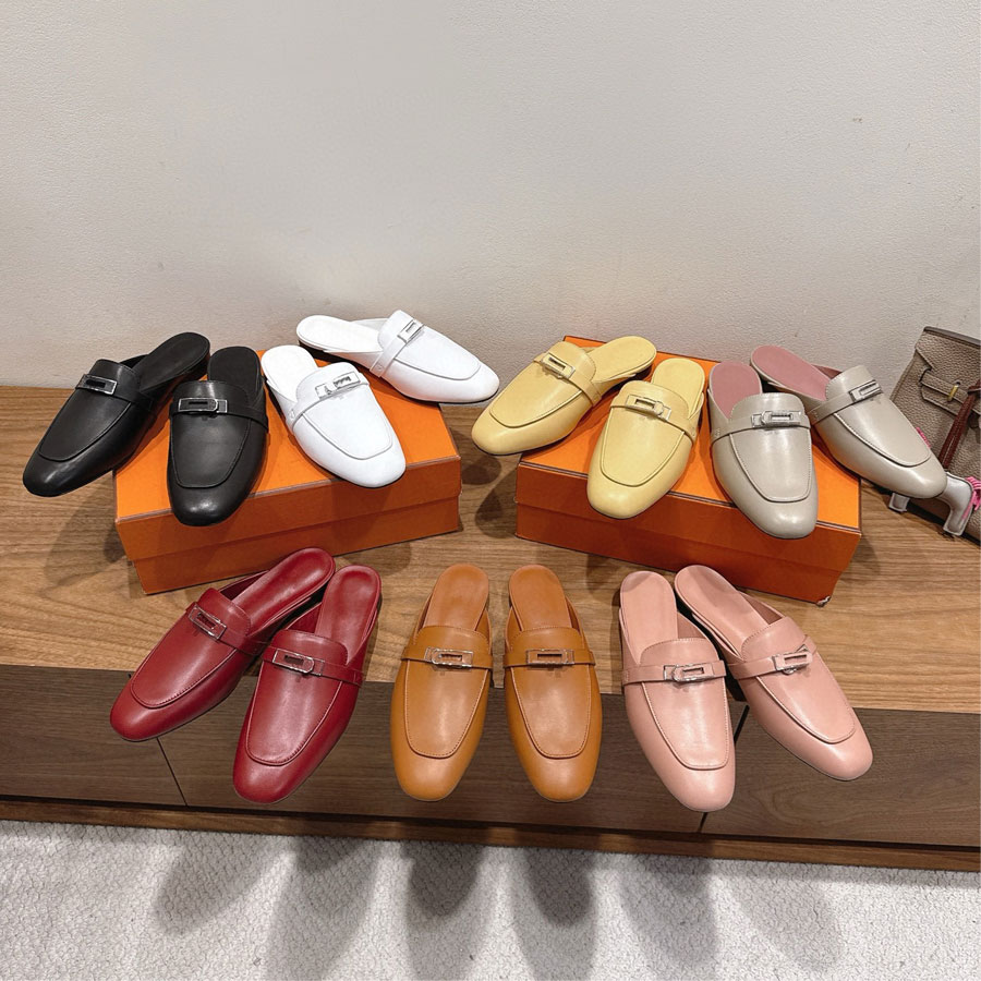 Top quality Real leather with buckle slides Slippers colg Mules Flat shoes Scuffs slip on Beach sandals Luxury Designer shoes for womens Walking sho