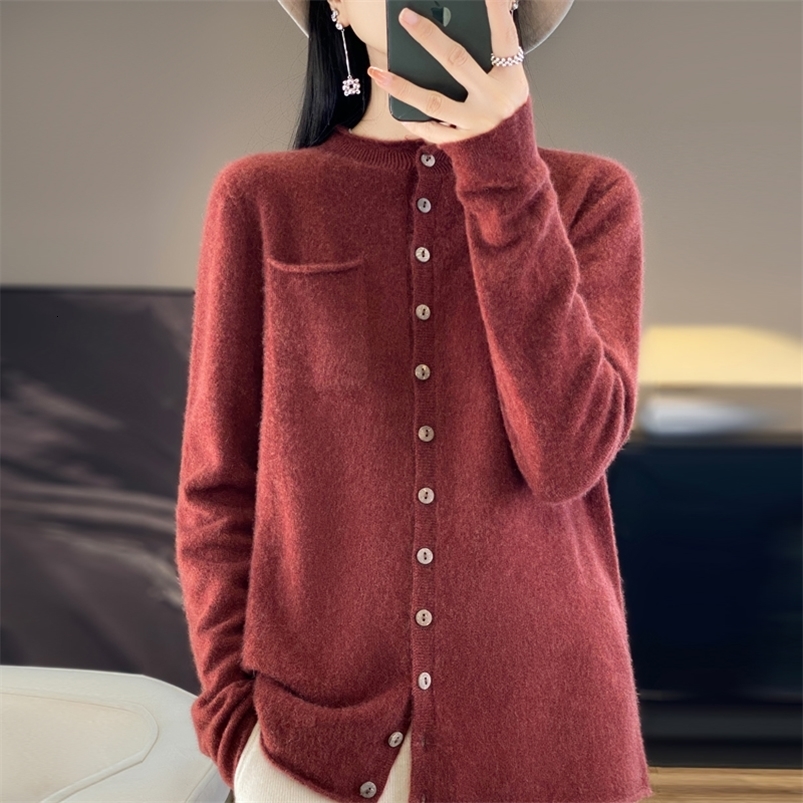 100% Merino Wool Womens Sweater Cardigan Fashion Crewneck High Quality Crimped Knit Sweater Pure Color Pocket Loose Sweater250822