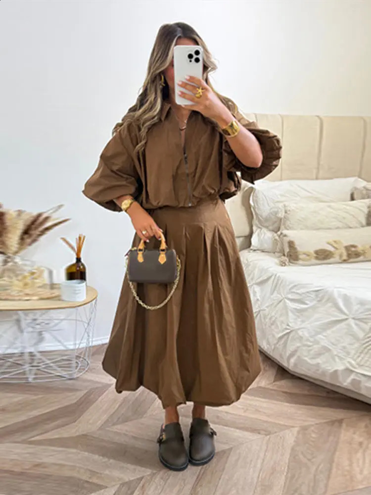 Elegant Womens Maxi Skirt 2-Piece Suits Set Balloon Sleeve Zip-Up Shirt Matching Flared Long Skirts Solid Loose Casual Outfit 250823