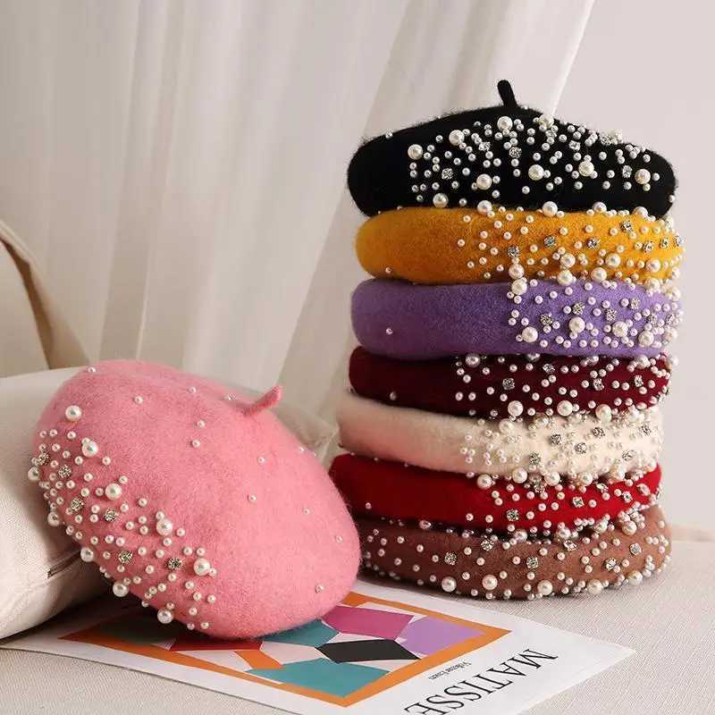 Pearl Rhinestone Wool Beret Womens Autumn and Winter British Retro Versatile Painter Hat Multi Colored XJ250823