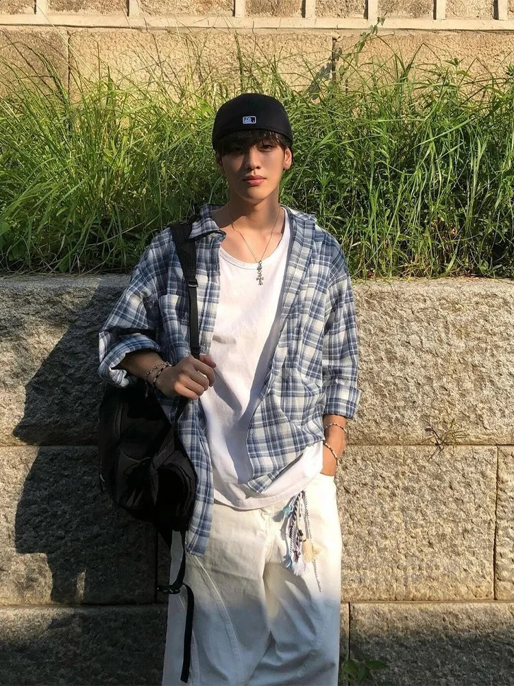 Blue Plaid Long Sve Vintage irt Mens Spring Autumn Trendy High-End Feeling Casual Outerwear Polyester Fiber Moisture-Wi... 250823