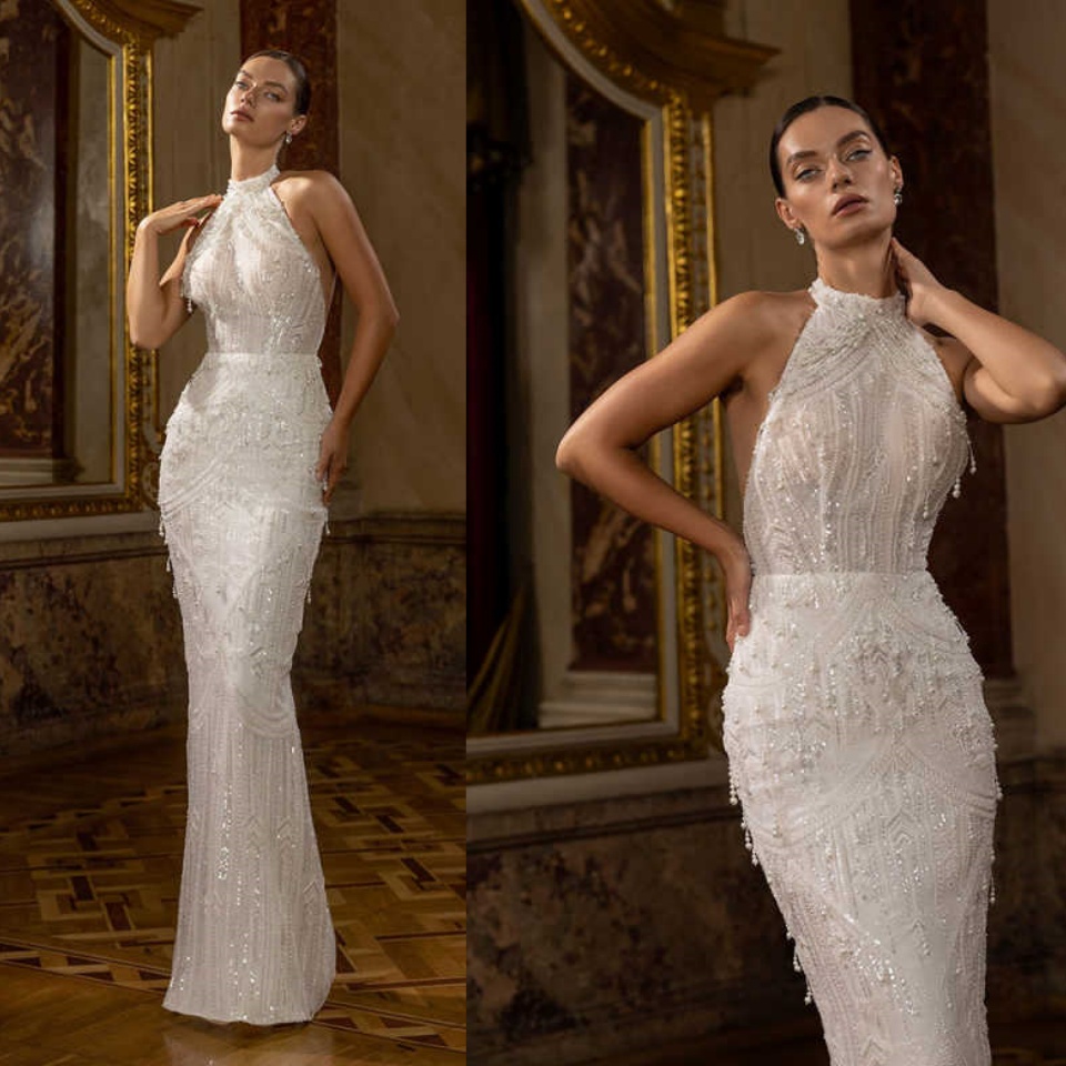 Robe de mariée de perles licou sexy femmes sans manches à paillettes en dentelle à la mariée de la mariée de la longueur de sol personnalisée