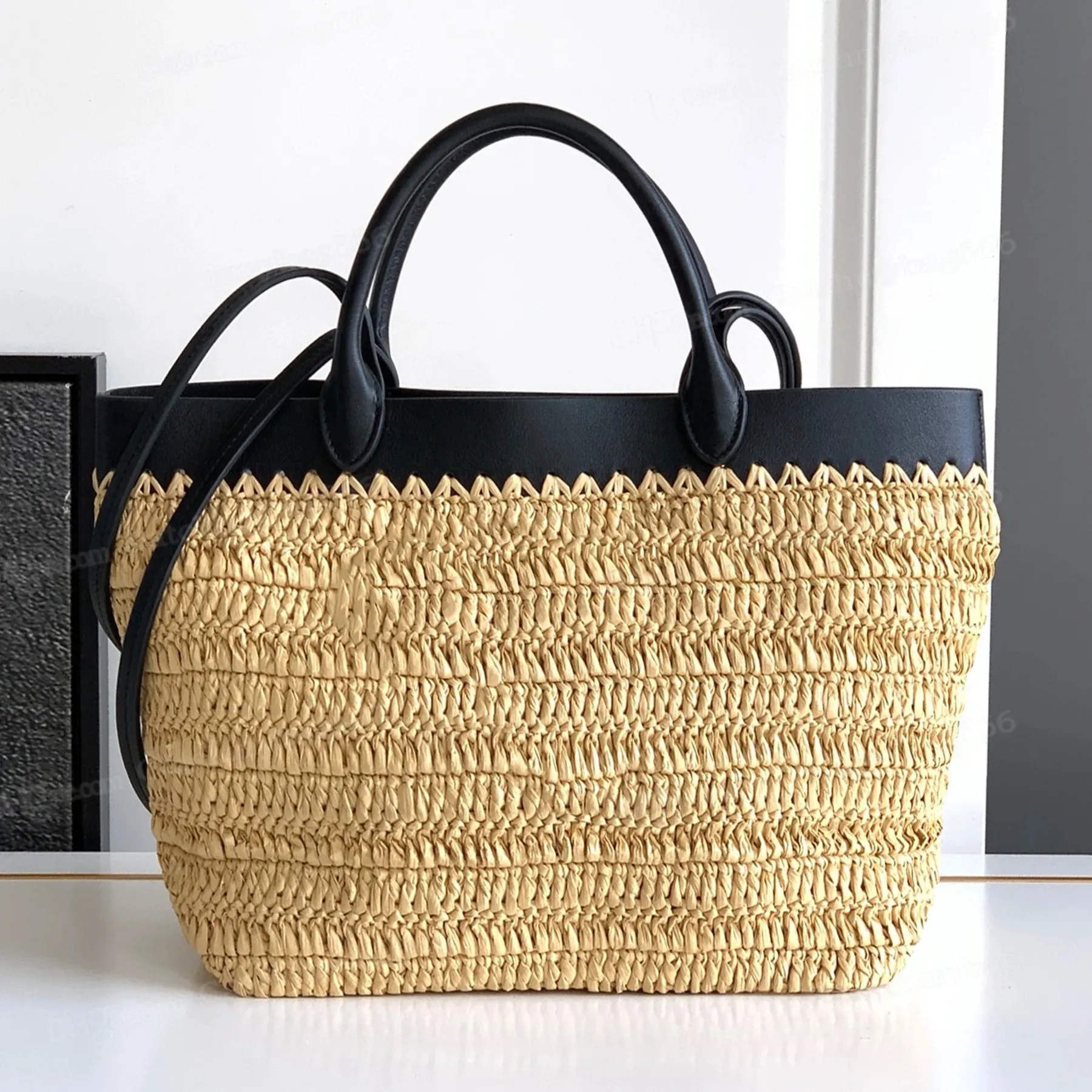 Large Capacity 10A Crochet And Leather Tote Bag Luxury Designer Straw Genuine Leather Shoulder Bag Golden Hardware Crossbody Bag Women Casual Shoppi