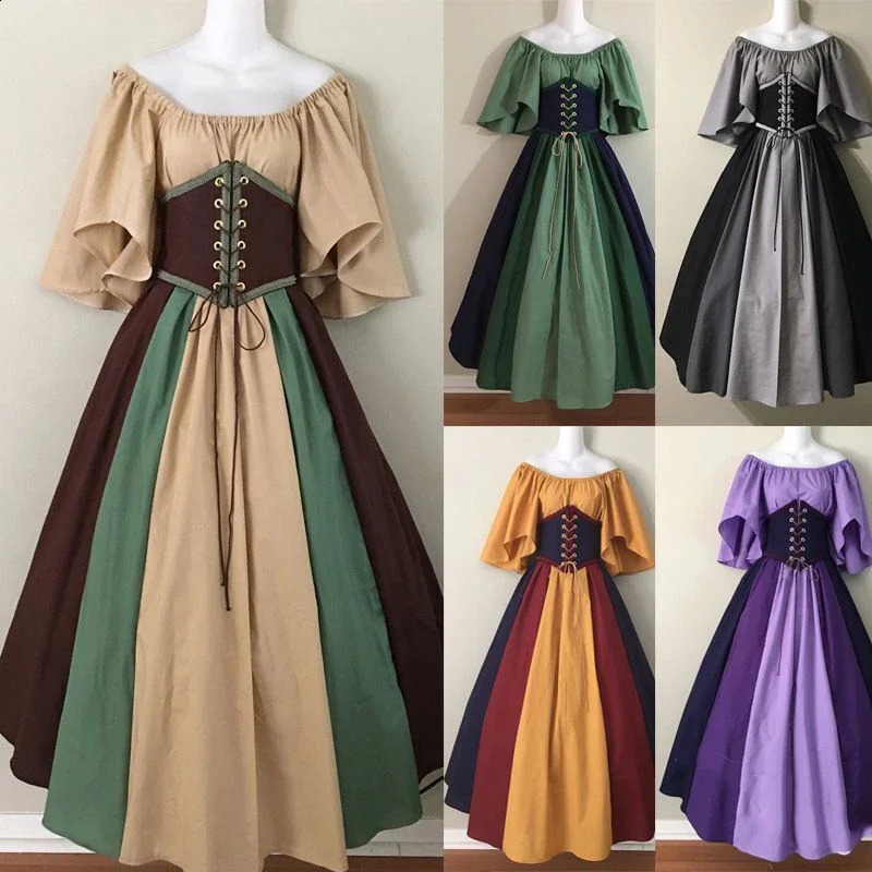 European Medieval Retro Contrast Color Stitching Flying Sleeves Court Fancy Vintage Queen Elegant Dress Halloween Costumes250823
