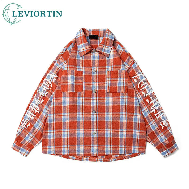 Autumn Men Contrasting Plaid Long Sleeved Shirt Streetwear Letter Embroidery Loose Shirts Tops Spring Harajuku Korean Clothes 250823